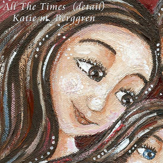 mother and father and three children, brunette hair, long brown hair mom, blue eyed daughter, family of 5 artwork, paintings of family by kmberggren