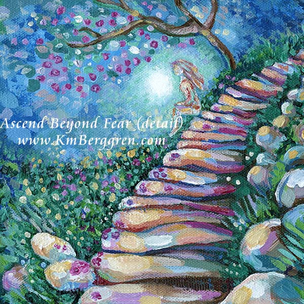 painting of woman climbing stone steps original painting by kmberggren, paintings of women, hopeful artwork, inspirational artwork for women, gifts for mom, art for women, paintings of stairs in nature, paintings of trees, paintings of rocks, kimberggren, kmberggren, katie berggren