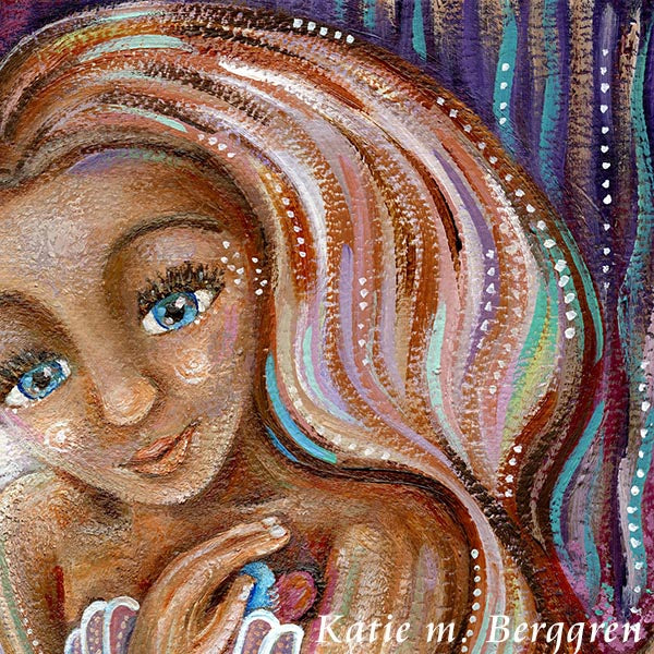 purple and orange teenage mermaid with crystal blue eyes and a healing heart. Evocative and meaningful artwork celebrating fantasy and whimsy.