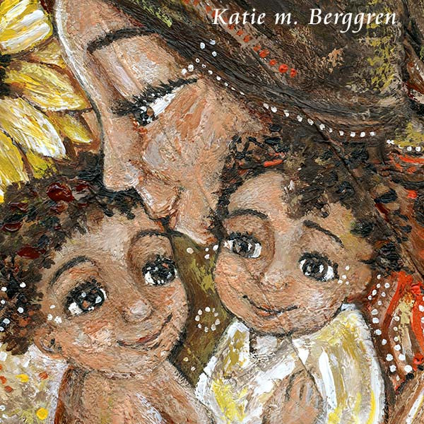 black mother two kids, biracial mother and children, African American mother and 2 boys print with big yellow sunflowers and braided hair by KmBerggren