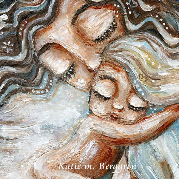 brunette curly mother hugging blonde long haired child, naked child, skin to skin, mother and daughter, mother and long hair son, mom and toddler art, print of mom and baby by kmberggren