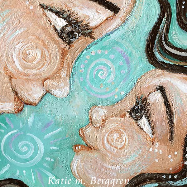 brunette brown haired mother with brown eyes and brown eyed daughter with brown hair, face to face, eye to eye, long wavy hair with purple flowers, intimate mom and daughter artwork