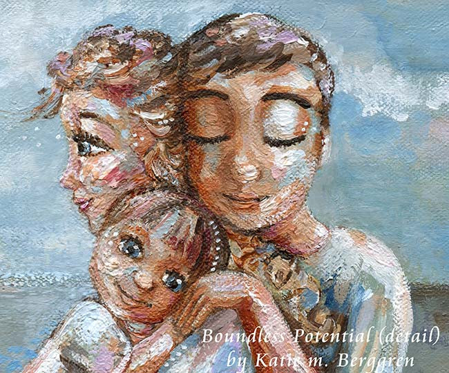 gifts for mom who love the beach, warm art, family on the beach art, mom dad two kids on the beach painting, blue sky and ocean art, family of four painting