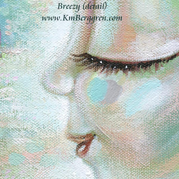 Artistic depiction of a woman with flowing hair and colorful flowers, with text overlay. original artwork by kmberggren, woman's profile painting, woman in forest, meditation artwork, soothing calm painting of women