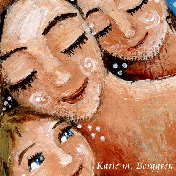 a blue art print of a blonde mother with two children, a daughter and a son, and a swirl sunshine