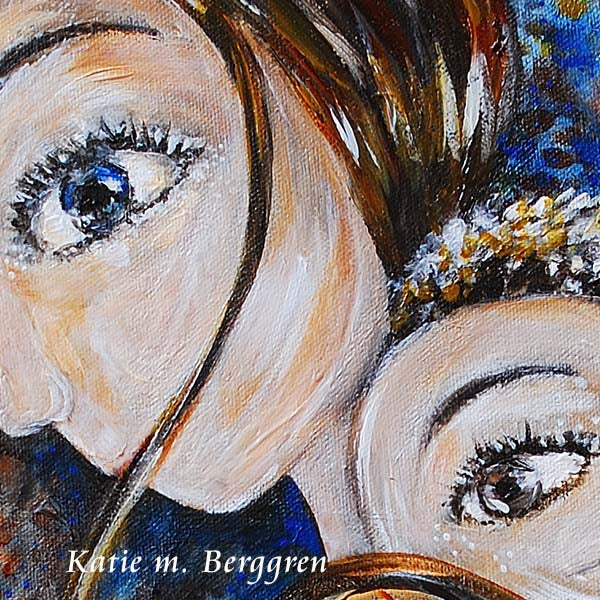 blue and brown art print of brunette mother wearing child on her back, blue sky, ferns and nature, kmberggren natural and luminous maternity artwork