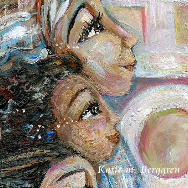 original painting on smooth cradled panel, ready to hang, of woman with Hijab standing with three girls, one white with blonde hair, one asian with brown hair, one black with curly black hair, facing the word HOPE in big letters - art by KmBerggren
