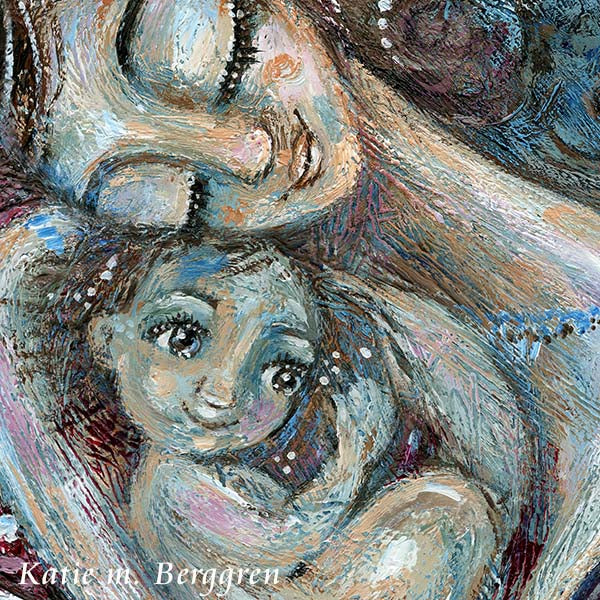 giant stargazer lily flower with mother and big eyed child in her arms, art by Katie m. Berggren