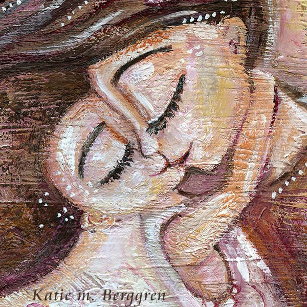 powerful mother and daughter, red rose vines brown and blonde hair art print by KmBerggren