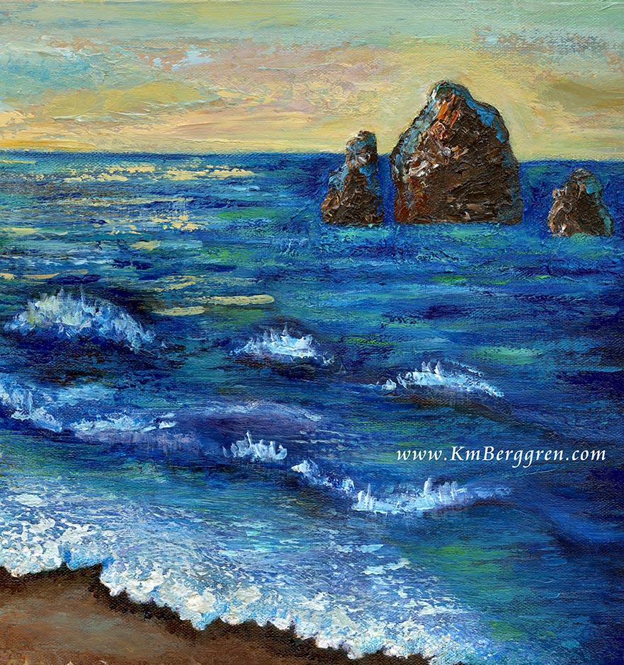 Original one-of-a-kind Painting on 30x15 inch deep canvas, of mom and two children looking out to sea