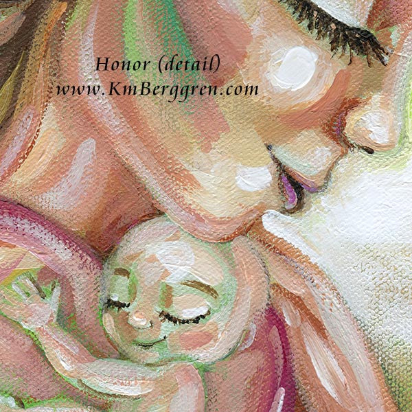 Artistic depiction of a woman holding a child with 'Honor (detail)' and 'www.KmBergren.com' text.