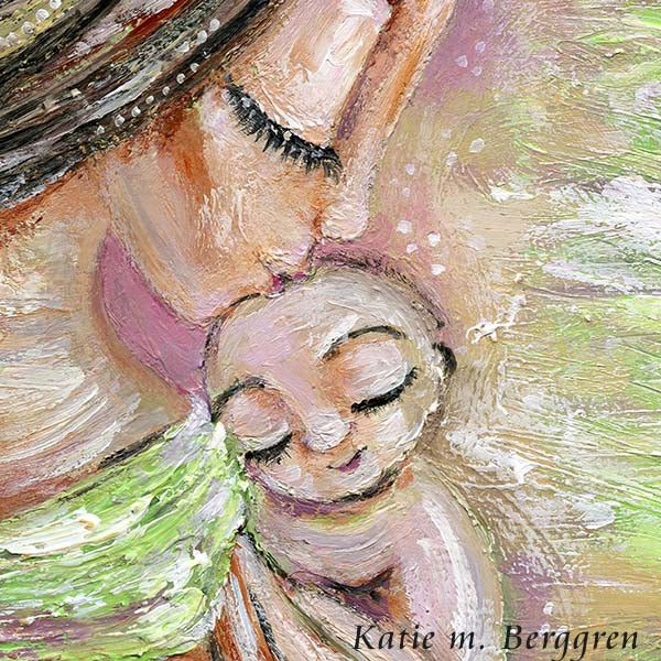 expectant mother art print with giant purple crocuses and tiny new baby with green background by KmBerggren, soft intimate painting of brunette mother kissing the head of a tiny naked baby held against her breast, with a green wrap around her body, postpartum belly, violet flowers in hair, lime green artwork