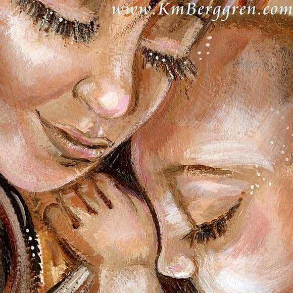 original painting of red haired mother holding sleeping baby on shoulder, bold painting of woman and child by KmBerggren