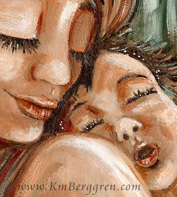 mother holding sleeping child on shoulder, original painting on heavy paper of mom and baby by KmBerggren