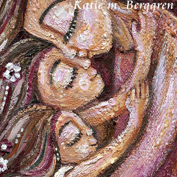 mother with two daughters, hugging with flowers and hearts, magenta, pure motherly love, mom and little girls artwork, 2 sisters with mom painting, art print of mother daughter, girls and mum art, pink flower girl art