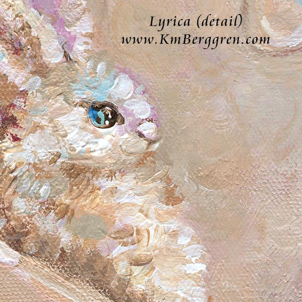 Artistic depiction of a bunny face with pastel colors and text overlay, original painting by KmBerggren