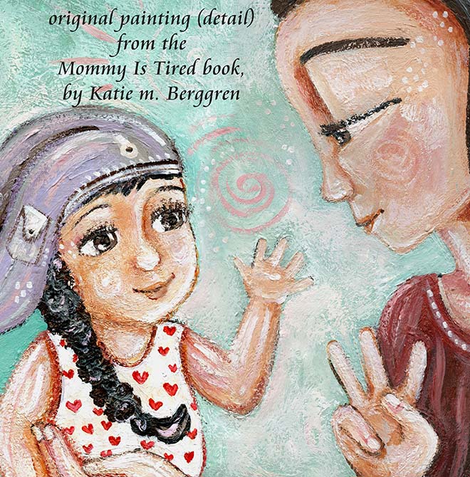 mother and daughter with black hair painting, asian mother and child, mommy is tired painting, art from a storybook, published artwork, lisa morris author, lisa aloi morris mommy is tired, illustrated book art, illustrations and book, free book with purchase, kmberggren, km berggren book illustrations
