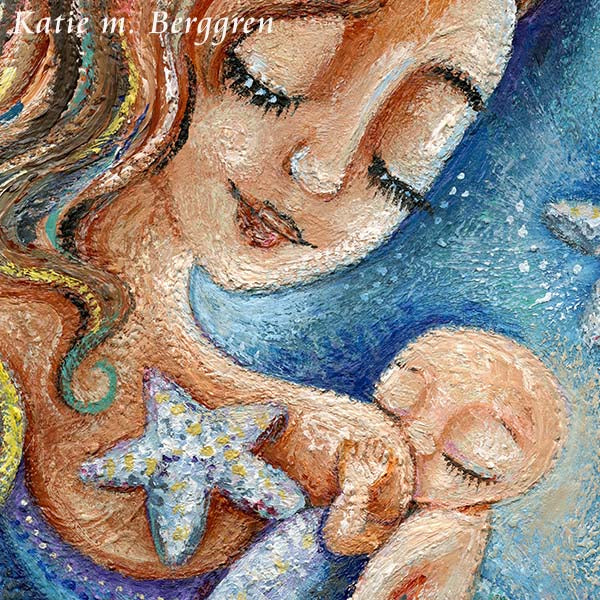 breastfeeding mermaid with bald infant at breast, blue water, starfish and red long way hair artwork