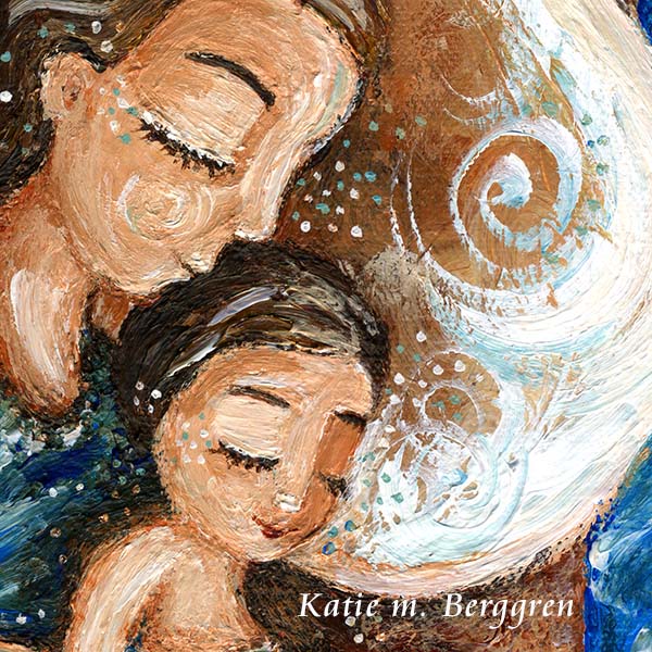mother sleeping spooned with child, snuggling toddler in bed, co-sleeping family, family bed, sleeping with mommy, family nap, artwork by kmberggren