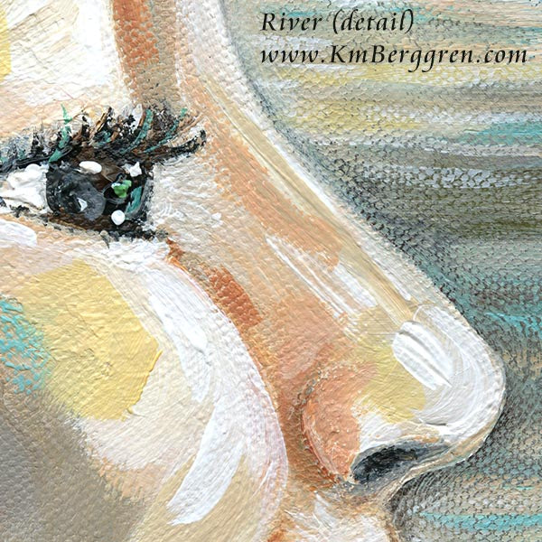 Artistic depiction of a woman's profile with wavy black hair, green and blue background, peaceful woman in nature with sweet smile, original painting by kmberggren