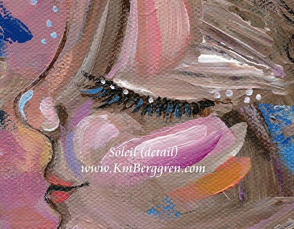 Olive-skinned woman's profile with blue and orange with black hair. Abstract artwork with text 'Soleil, The Fierce' and 'The Quiet Potential Collection' by KM Berggren.