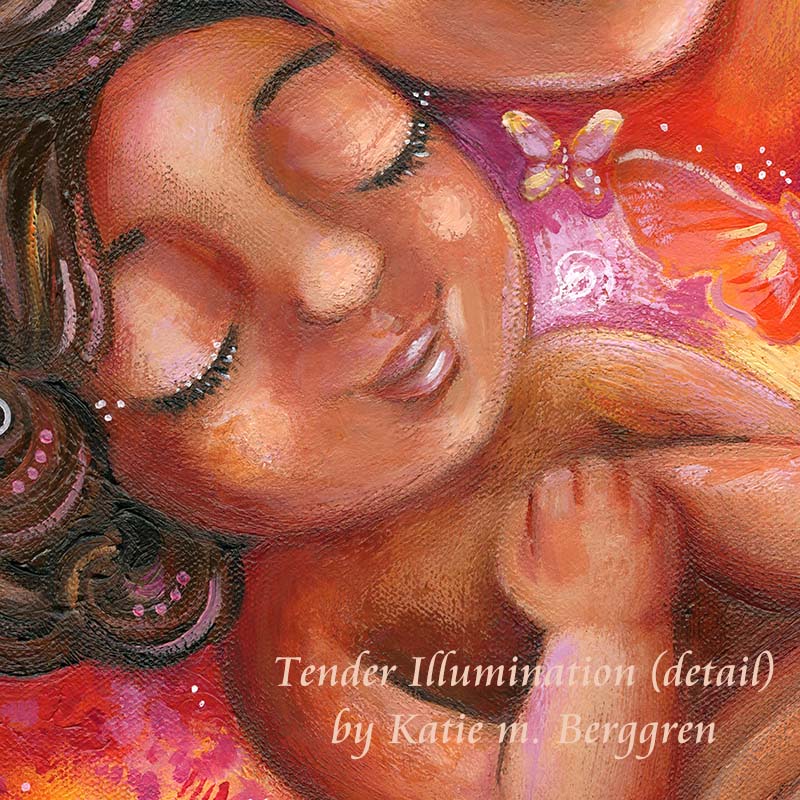 warm mother and daughter art, mom and daughter painting, butterfly painting, motherhood and butterfly painting, orange red magenta butterfly, brown haired mother and daughter, mexican mother and daughter art, art for charity, the hope effect, joshua becker charity, artwork to benefit families