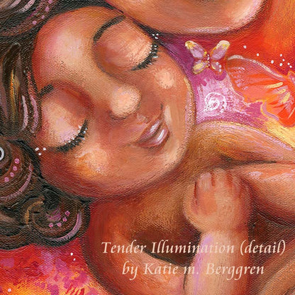 warm mother and daughter art, mom and daughter painting, butterfly painting, motherhood and butterfly painting, orange red magenta butterfly, brown haired mother and daughter, mexican mother and daughter art, art for charity, the hope effect, joshua becker charity, artwork to benefit families