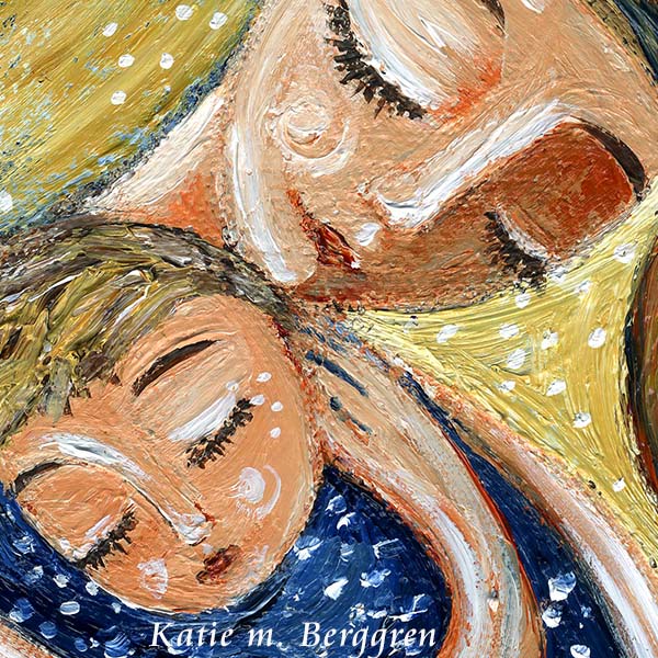 emotional and powerful mother and son painting, red, yellow and blue artwork of a mother hugging her spiky haired blonde son, sitting together, mother and child gift idea