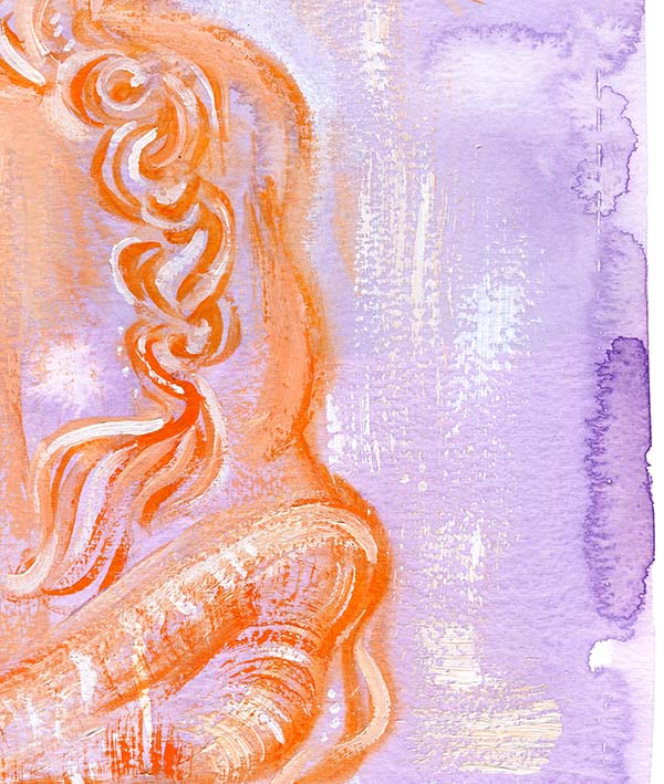 woman and cat art print purple orange painting of nude plus size woman with orange cat whimsical art print by KmBerggren, full body heavy woman back view long orange hair orange cat purple background watercolor expressive artwork