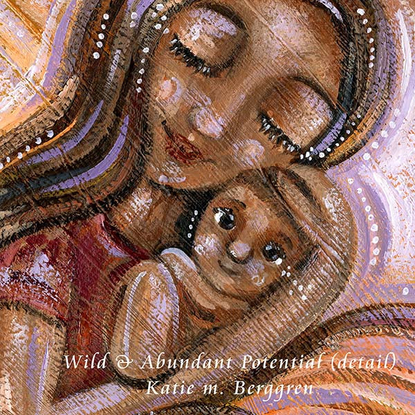 dark skin mother and two children, brown skin artwork, woman of color, same sex couple with children, two women with children, indian mother and baby art, brown family, black family, african american mother and child, original family paintings by Katie m. Berggren