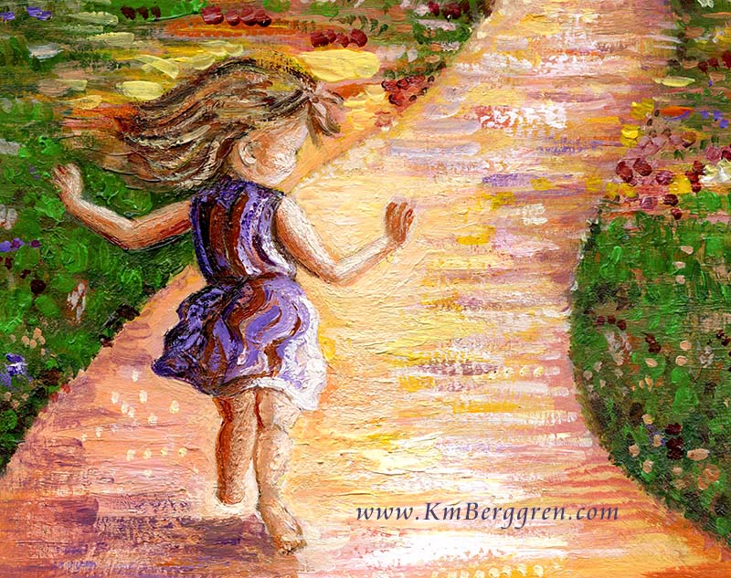 Child Running On Path, Free Child Flowery Forest Art Print