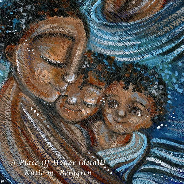 african american mother and children, father and children, black woman, black man and kids, black family, skin to skin, black afro hair, short curly hair, proud family artwork, blue painting on thick paper, brothers, sisters, two kids or four kids, motherhood art by Katie m. Berggren, KmBerggren