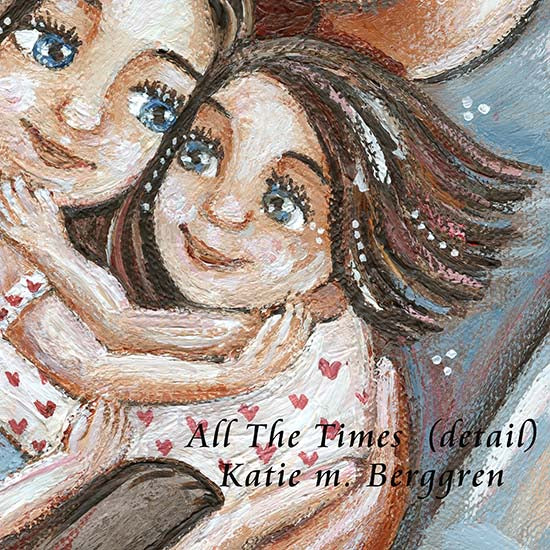 mother and father and three children, brunette hair, long brown hair mom, blue eyed daughter, family of 5 artwork, paintings of family by kmberggren