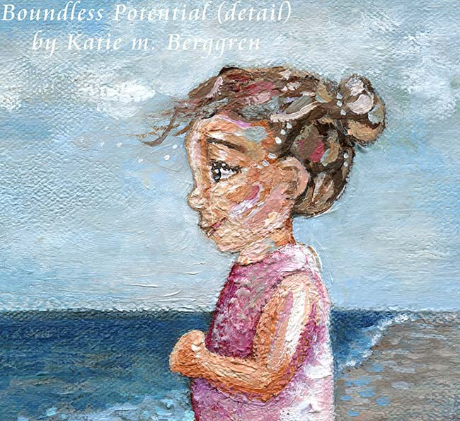 gifts for mom who love the beach, warm art, family on the beach art, mom dad two kids on the beach painting, blue sky and ocean art, family of four painting
