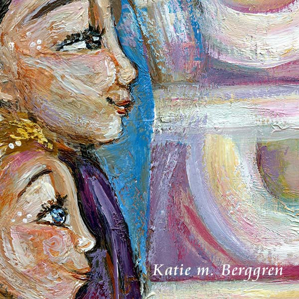 original painting on smooth cradled panel, ready to hang, of woman with Hijab standing with three girls, one white with blonde hair, one asian with brown hair, one black with curly black hair, facing the word HOPE in big letters - art by KmBerggren