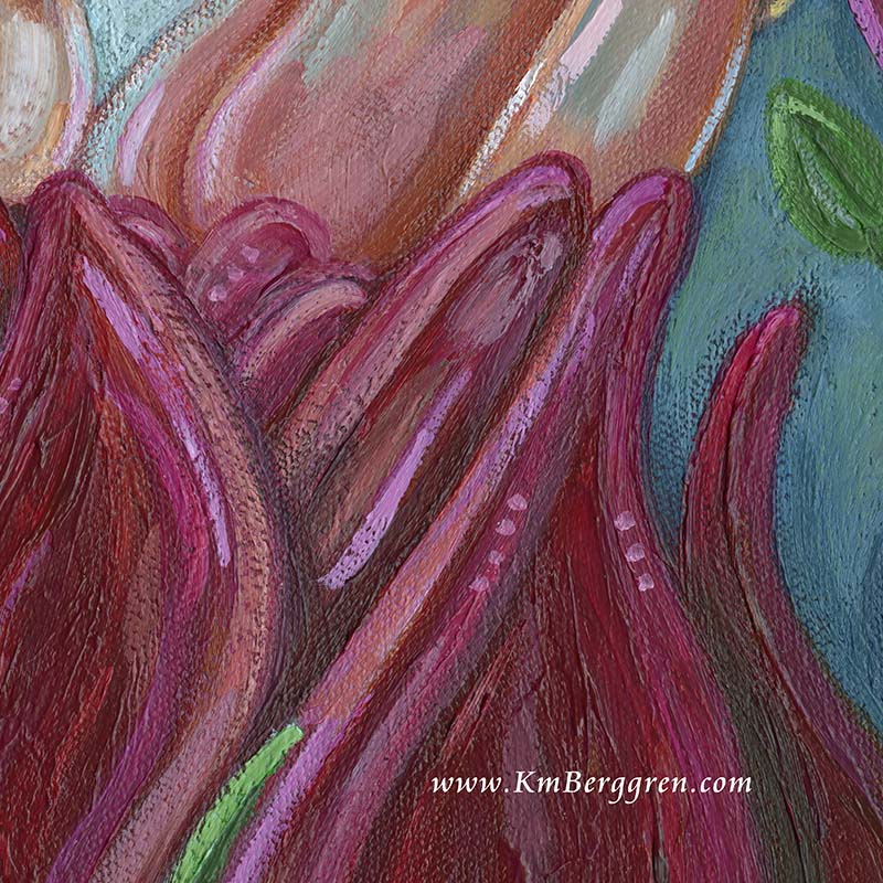 art of mother and baby inside a big flower bud, motherhood flowering, flowers of family, new baby in garden, painting of mother and infant, mom and baby art print, mom and new baby, mum new babe, bald baby blonde mom art, wall decor for nursery, wall art for lactation room, km berggren, kmberggren, katie m. berggren art