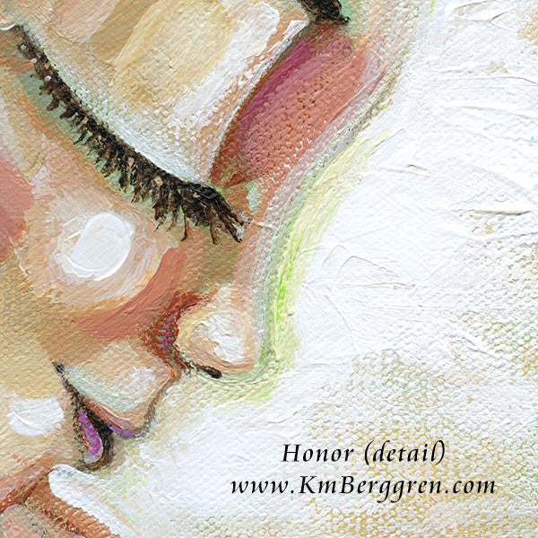Artistic depiction of a face with textured background and signature, painting by KmBerggren