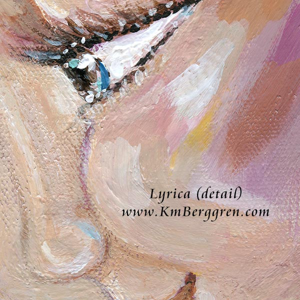 Artistic abstract painting with text overlay 'Lyrica (detail)' and website 'www.KmBerggren.com'.