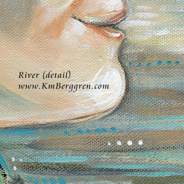 Artistic depiction of a woman's profile with wavy black hair, green and blue background, peaceful woman in nature with sweet smile, original painting by kmberggren