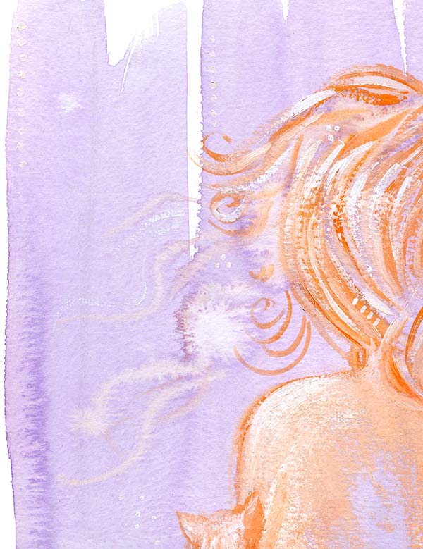 woman and cat art print purple orange painting of nude plus size woman with orange cat whimsical art print by KmBerggren, full body heavy woman back view long orange hair orange cat purple background watercolor expressive artwork