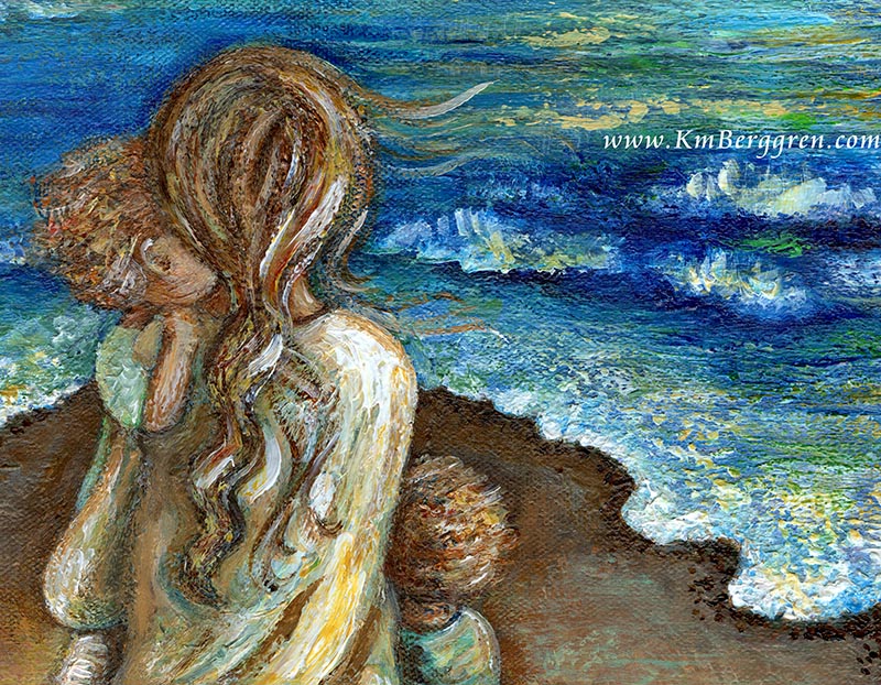 woman on beach painting, mother and children on beach artwork, art for beach house, family beach art, motherhood art, paintings of mother and children, two children painting, mother and child art print
