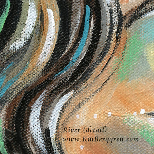 Artistic depiction of a woman's profile with wavy black hair, green and blue background, peaceful woman in nature with sweet smile, original painting by kmberggren