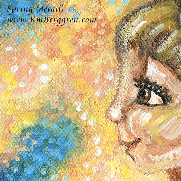 Illustration of a woman with 3 sons children against a colorful sunny background with dragonfly and blue sky, artwork by KmBerggren