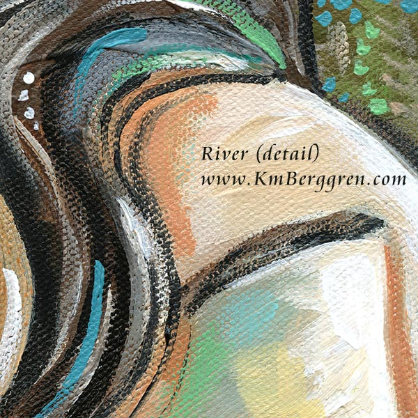 Artistic depiction of a woman's profile with wavy black hair, green and blue background, peaceful woman in nature with sweet smile, original painting by kmberggren