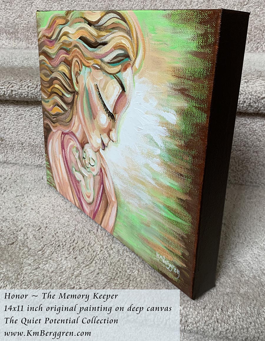 blonde mother with flowing hair holding a baby in her big pink heart, by KmBerggren, original painting on deep canvas