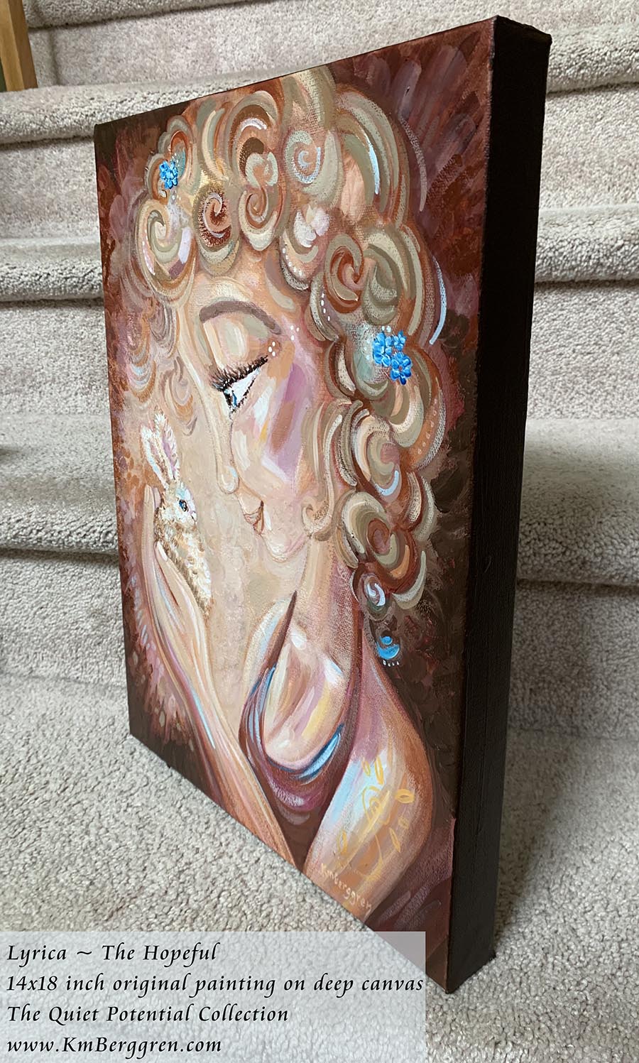 Artist Depiction of a woman with blonde curly hair holding a baby bunny, by KmBerggren
