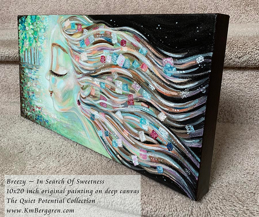 Artistic depiction of a woman with flowing hair and colorful flowers, with text overlay. original artwork by kmberggren, woman's profile painting, woman in forest, meditation artwork, soothing calm painting of women