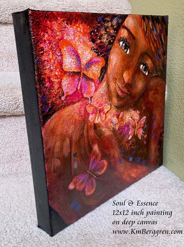 art inspired by stoicism, art inspired by Seneca, african American woman painting, woman of color art, black woman painting, butterflies painting, woman and butterflies, black woman with butterflies art, black skin butterflies, warm art, woman with eye contact art, woman looking at the viewer painting