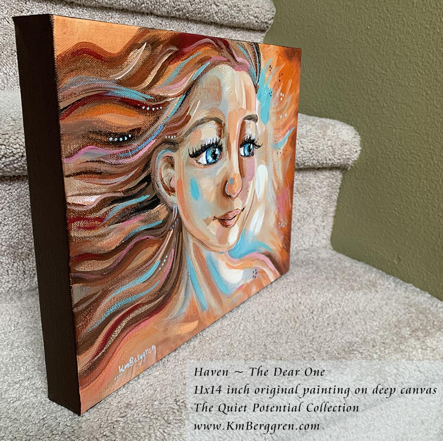 painting of a woman's face with blue eyes and brown and red hair with orange and red and blue and white background, fierce and fiery original painting by kmberggren
