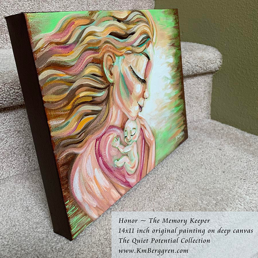 blonde mother with flowing hair holding a baby in her big pink heart, by KmBerggren, original painting on deep canvas